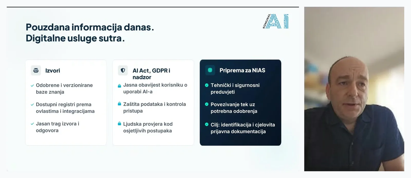Sa webinara „AI u službi građana i lokalne uprave" — slajd o pouzdanosti izvora, AI Actu, GDPR-u i pripremi za NIAS
