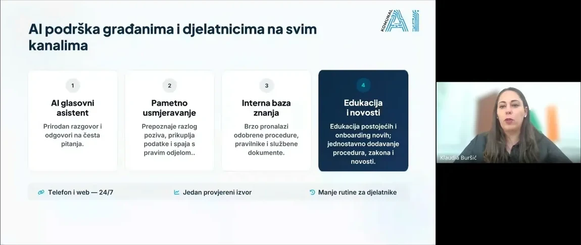 Klaudia Buršić predstavlja module AI podrške: glasovni asistent, pametno usmjeravanje prema nadležnom odjelu, internu bazu znanja s odobrenim procedurama te edukaciju i onboarding djelatnika