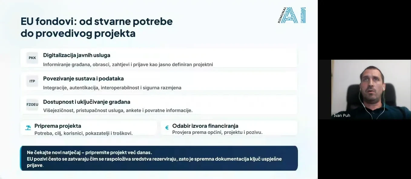 Ivan Puh o EU fondovima: digitalizacija javnih usluga, povezivanje sustava i podataka te dostupnost i uključivanje građana kao prihvatljiva područja, uz pripremu projekta i odabir izvora financiranja