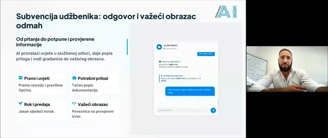 Demonstracija s webinara: na pitanje o subvenciji udžbenika AI pronalazi uvjete u službenoj odluci, navodi potrebne priloge i vodi građanina do važećeg obrasca — uz broj prijave i praćenje statusa