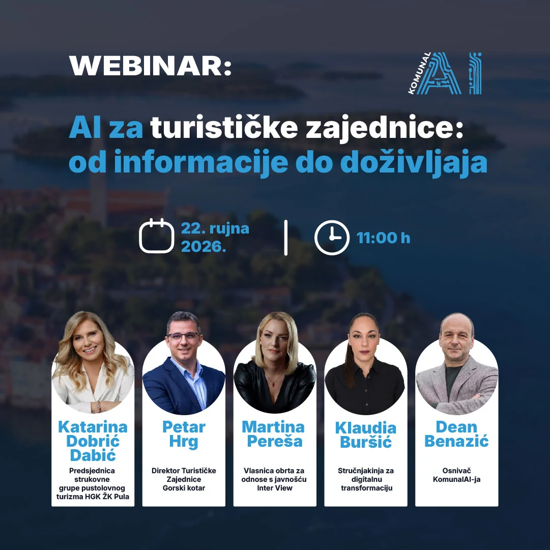 Webinar „AI za turističke zajednice: od informacije do doživljaja", 22. rujna 2026. u 11h — Katarina Dobrić Dabić, Petar Hrg, Martina Pereša, Klaudia Buršić i Dean Benazić